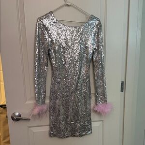 Small Silver Sequin Dress with Pink Feather Cuffs